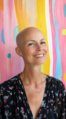 Colorful background with bald woman smiling confidently after chemotherapy for breast cancer awareness
