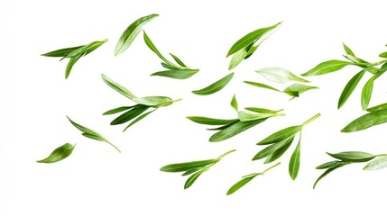 A collection of green leaves scattered against a white background.