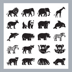 Set of silhouette logotype icons animal Lion, Elephant, Tiger, Giraffe, Kangaroo, Panda, Gorilla, dolphin, cat, deer, Polar Bear, Zebra, fox in white background