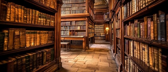 Fototapeta premium A Long, Narrow Corridor Lined with Bookshelves Filled with Books