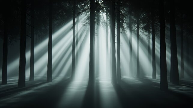 Glowing light beams breaking through a dense fog in a dark forest, mysterious and captivating, forest glowtime, eerie and enchanting