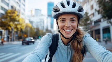 A young woman smiling while cycling on a city street, wearing a white helmet and light grey hoodie, with urban buildings and trees in the background.