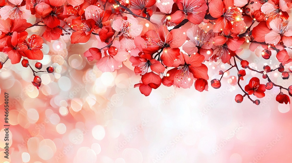 Poster a close-up of red flowers on a branch with a bokeh background