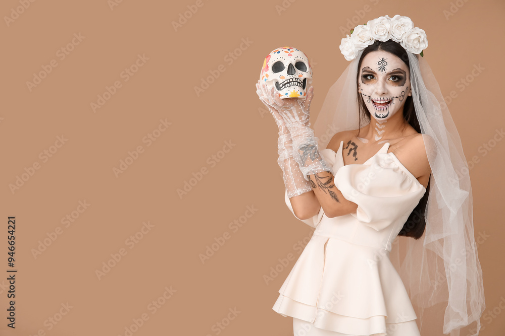 Poster Young woman dressed as dead bride for Halloween party with painted human skull on beige background