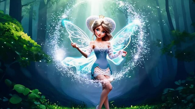 Fairy with glowing wings is appearing in an enchanted forest, surrounded by magical light effects