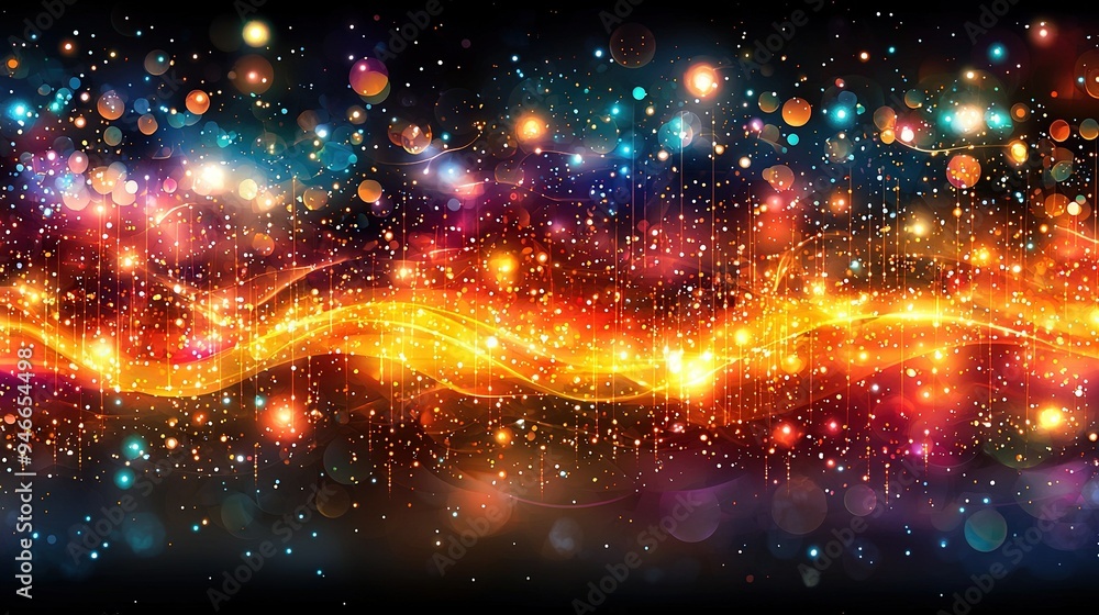Poster an abstract image featuring bright lights against a dark background with bokeh effects