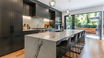 Modern kitchen with sleek black cabinets and marble island..