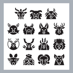 Obraz premium Set of silhouette logotype icons animal Lion, Elephant, Tiger, Giraffe, Kangaroo, Panda, Gorilla, dolphin, cat, deer, Polar Bear, Zebra, fox in white background