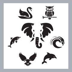 Set of silhouette logotype icons animal Lion, Elephant, Tiger, Giraffe, Kangaroo, Panda, Gorilla, dolphin, cat, deer, Polar Bear, Zebra, fox in white background
