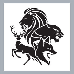 Set of silhouette logotype icons animal Lion, Elephant, Tiger, Giraffe, Kangaroo, Panda, Gorilla, dolphin, cat, deer, Polar Bear, Zebra, fox in white background