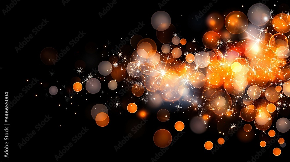 Poster a sharp picture of a dark background featuring orange and white circle and star patterns in the cent