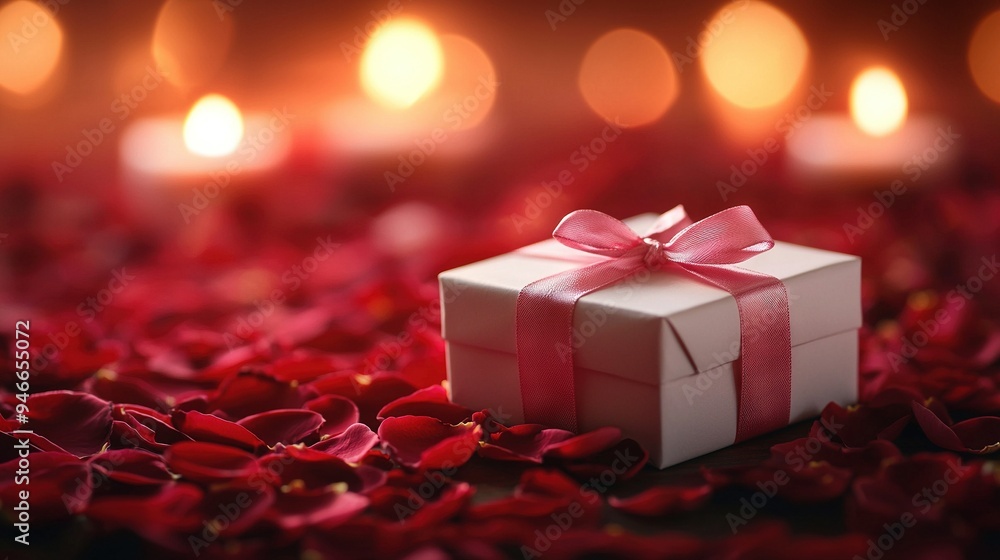 Poster a white gift box with a pink bow sits on a bed of red petals with lit candles in the background