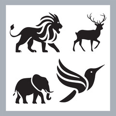 Set of silhouette logotype icons animal Lion, Elephant, Tiger, Giraffe, Kangaroo, Panda, Gorilla, dolphin, cat, deer, Polar Bear, Zebra, fox in white background