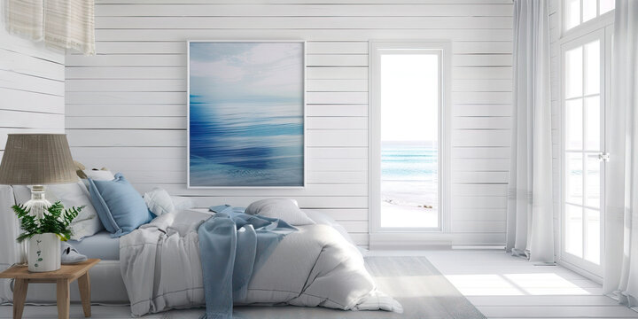 Soft, calming white walls and muted blue ocean paintings in a coastal bedroom.