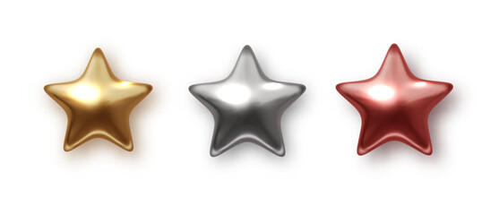 Golden silver and bronze star product rating isolated icon. PNG Realistic metallic award star. Christmas design element