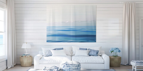 Soft, calming white walls and muted blue ocean paintings in a coastal bedroom.