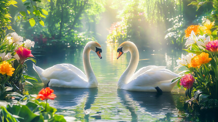 Two white swans playfully in lake surrounded by lush greenery and vibrant flowers on sunny day