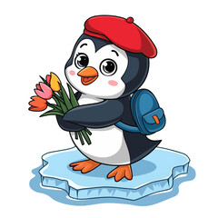 A cute cartoon penguin wearing a red beret, standing on an ice floe. He is holding a bouquet of colorful tulips and has a blue backpack slung
over his shoulder