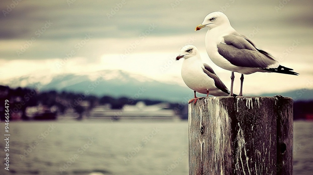 Poster two seagulls perch atop a wooden pole beside a waterway and towering mountains behind them