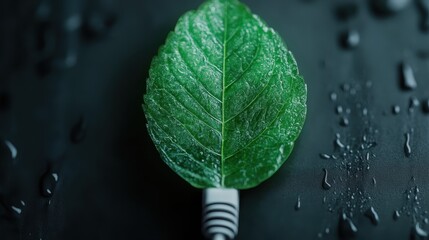 This striking image highlights a fresh green leaf attached to a light bulb socket, symbolizing the concept of eco-friendly and sustainable energy against a moody, dark background.