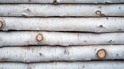 This image displays a close-up of birch logs stacked together, focusing on the natural textures and patterns on the bark, creating a visually appealing, rustic, and organic composition.