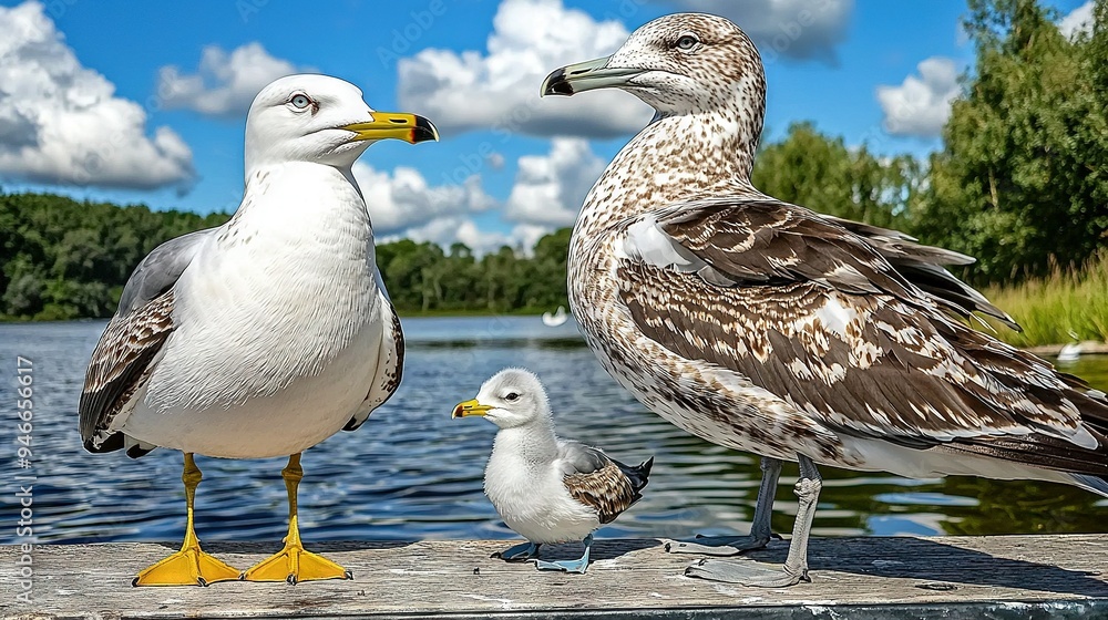 Sticker   A group of seagulls perched on a dock near a water body surrounded by trees