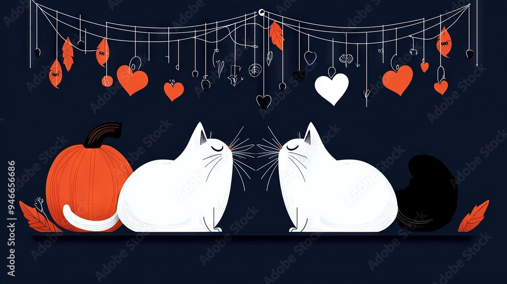 Poster two cats sit together with hearts strung on either side, suspended above them by strings