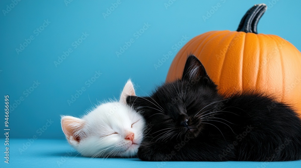 Wall mural black and white cat lays beside white kitten on blue surface near pumpkin on blue background