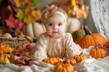 Cute Baby Girl with Headband in Autumn Setting with Pumpkins