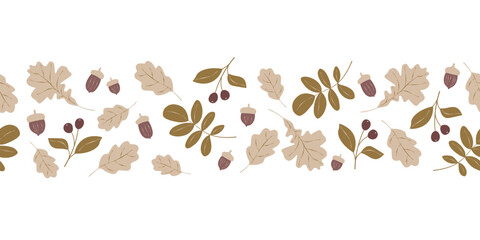 Seamless pattern of autumn oak leaves, acorns, and berries in neutral tones on a white background. Horizontal border in modern flat style for banner, invitation, greeting card, poster, wallpaper.