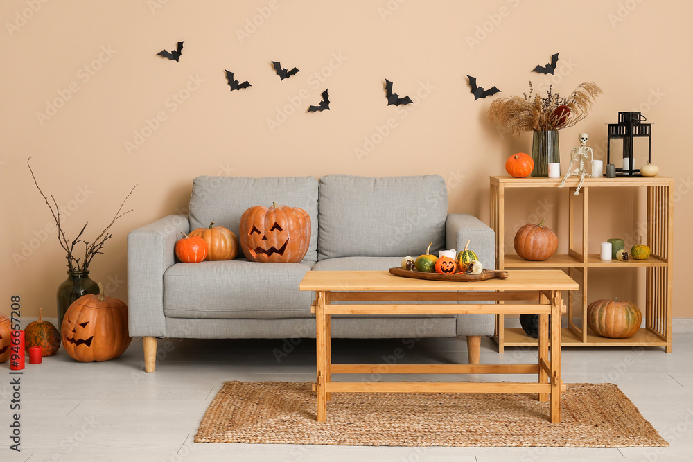 Canvas Prints Interior of living room decorated for Halloween with sofa and pumpkins