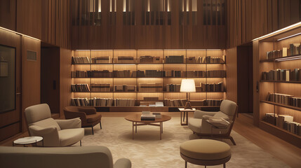 Modern wood-paneled library with warm ambient lighting..