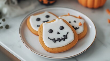 Obraz premium Close-Up of Colorful Halloween Cookies Shaped Like Pumpkins and Ghosts on White Plate in Modern Kitchen