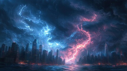 Fototapeta premium Thunderstorm with lightning striking a distant city skyline, extreme weather, electrifying atmosphere.