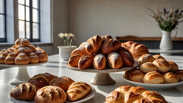 Fresh bread selection on table, gourmet bakery pastry buns photo, various baked food