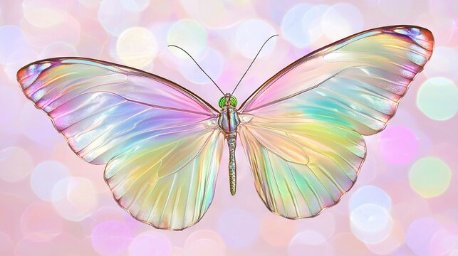   A close-up image of a butterfly on a pink backdrop with a blurry boke of lights in the background