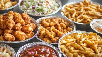 This tempting assortment showcases nachos, crispy fries, and fried bites ready to please a crowd at a casual dining event