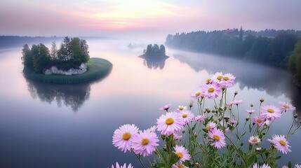   Water with flowers in foreground, island in center