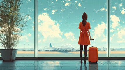 Obraz premium Departure and Adventure Concept with Solo Traveler Waiting at Airport Gate with Suitcase