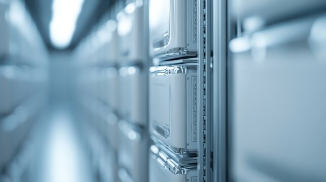 Detailed close-up of server racks and equipment within a modern, highly technical data center environment with a futuristic focus on digital storage solutions.