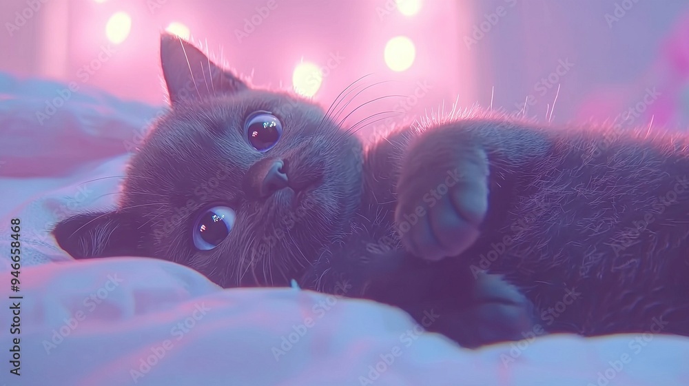 Poster a close-up of a cat lounging on a bed with a softly lit background and a slightly out-of-focus backd
