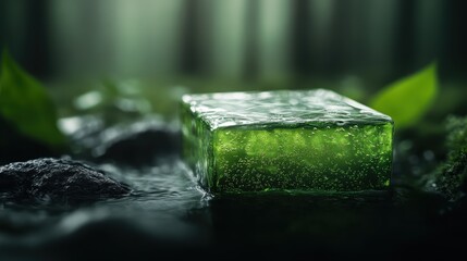 A green gelatin cube sits in the flowing water of a forest stream, surrounded by fresh leaves, symbolizing freshness, nature, creativity, and the melding of natural and synthetic elements.