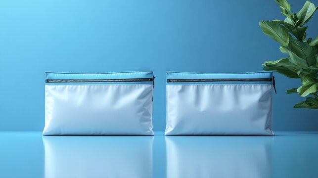 Pair of Minimalist Zipper Pouches on Blue Background Generative AI - Powered by Adobe
