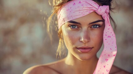 A young woman with a determined expression, tying a pink ribbon around her head like a bandana, symbolizing her readiness to fight breast cancer, set against a plain, softly lit background