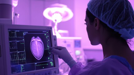 A close-up shot of a medical technician carefully adjusting the settings on a mammography machine, with the machines screen displaying a breast image, in a sterile, brightly lit examination room