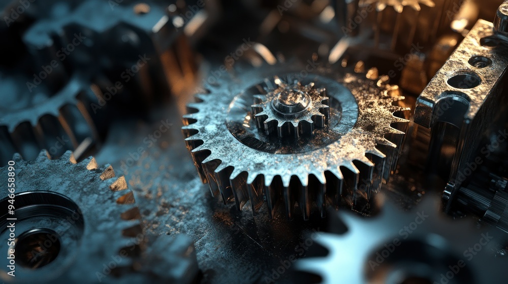 Poster close-up of interlocking metallic gears in a machine