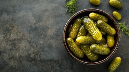 A bowl of pickled gherkins and cornichons, a classic  combination. The vibrant green color of the pickles contrasts with the brown bowl and dark background, creating a visually appealing image.  The i