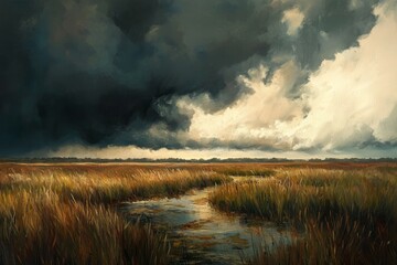 Obraz premium A breathtaking landscape painting depicting a dramatic stormy sky over a marsh. The dark, brooding clouds create a sense of impending rain, while the light peeking through the clouds hints at a possib