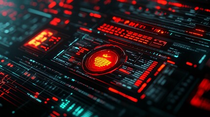 Fototapeta premium A futuristic digital interface with red and black elements, suggesting advanced technology.