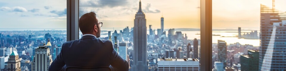A successful manager in the financial district overlooking an urban skyline with buildings at sunset.